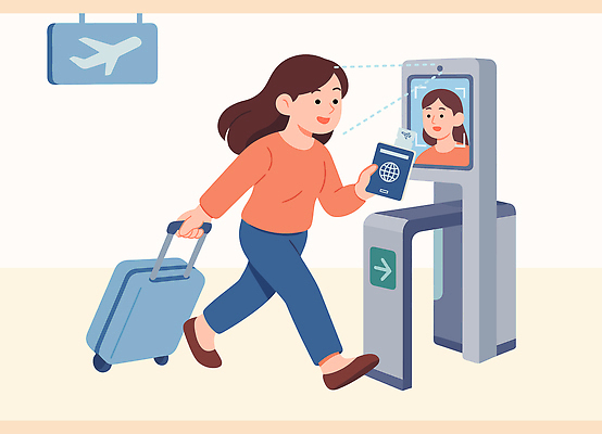 여유 여행 이동 일러스트 문 기차 짐 대기 공항 승차 확인 승객 순서 생체인식기술 신분증 인증 자동 체크인 출국 얼굴인식 국내일러스트 AI파일 감정 육상교통 컨셉 교통시설 모션 대중교통 기술 증명서 파일형식 벡터