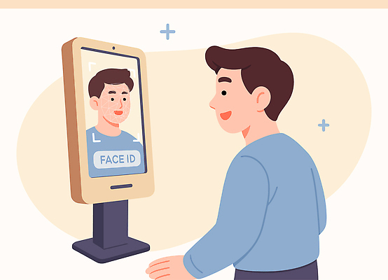 남자 일러스트 미래 기술 스마트폰 디지털 스크린 자료 무선 이미지 시스템 단말기 로그인 생체인식기술 소프트웨어 인증 조작 얼굴인식 국내일러스트 AI파일 컨셉 사람 핸드폰 스마트기기 파일형식 벡터