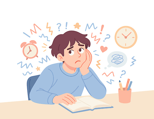 학생 감정 시계 일러스트 상상 스트레스 아이디어 책 학습 필기구 물음표 도구 시간 집중 책상 고민 걱정 과제 소음 방과후 ADHD 국내일러스트 AI파일 기호 교육 가구 컨셉 문구용품 소리 질병 파일형식 벡터