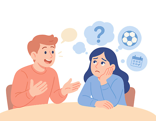 여자 남자 감정 생각 일러스트 탁자 표정 이야기 대화 마음 질문 고민 장면 문제 의견 소통 ADHD 국내일러스트 AI파일 가구 컨셉 말하기 사람 질병 파일형식 벡터