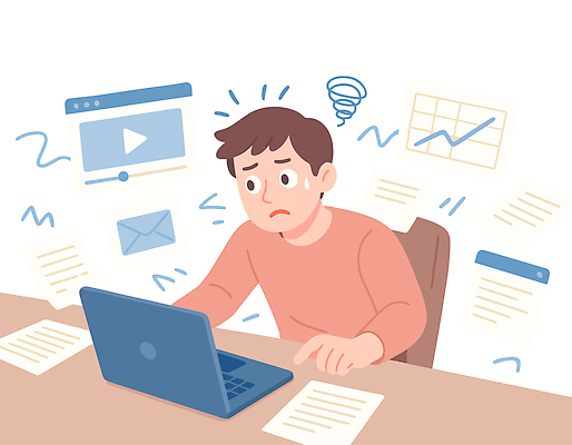 남자 일러스트 통계 회의 스트레스 실험 노트북 컴퓨터 사무실 스크린 자료 작업 이메일 계획 집중 분석 고민 문서 정리 비디오 ADHD 국내일러스트 AI파일 감정 컨셉 비즈니스 사람 전자제품 질병 파일형식 벡터