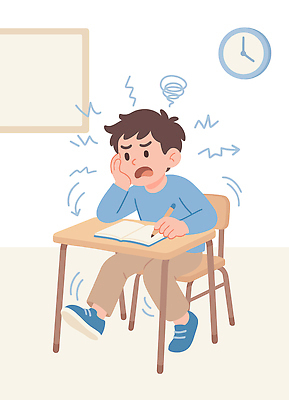 학생 시계 생각 일러스트 교실 수업 스트레스 피곤 학습 펜 공책 쓰는 불안 집중 책상 고민 불안정 혼란 ADHD 국내일러스트 AI파일 교육 감정 가구 컨셉 학교 문구용품 필기구 질병 파일형식 벡터