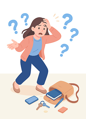 여자 포즈 가방 일러스트 열쇠 표정 일상 책 펜 질문 불안 전화기 오브젝트 반응 소지품 혼란 ADHD 국내일러스트 AI파일 잡화 감정 컨셉 사람 라이프 필기구 질병 파일형식 벡터