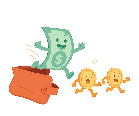 모양 캐릭터 돈 일러스트 모션 웃음 경제 동전 놀람 표현 지갑 탈출 즐거움 장면 재정 텅장 국내일러스트 AI파일 감정 컨셉 표정 재산 합성어 파일형식 벡터