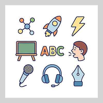 문자 기호 디자인 상징 일러스트 그래픽 학습 필기구 헤드셋 칠판 모임 로켓 표현 마이크 소통 음성 창의성 국내일러스트 AI파일 교육 음향기기 컨셉 문구용품 헤드폰 파일형식 벡터