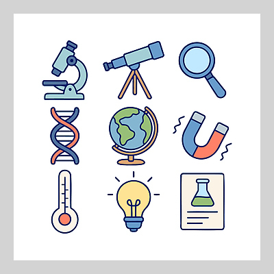 학생 교육 과학 일러스트 전구 자연 현미경 실험 학습 지구본 망원경 도구 실험실 온도계 DNA 분석 확대경 자석 발견 국내일러스트 AI파일 컨셉 실험기구 생명공학 생태계 파일형식 벡터