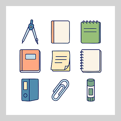 디자인 스티커 일러스트 문구용품 색연필 노트북 사무실 필기구 연필 공책 도구 메모지 조직 계획 파일 클립 정리 스프링노트 컴파스 국내일러스트 AI파일 컨셉 비즈니스 학용품 전자제품 사무용품 오브젝트 파일형식 벡터