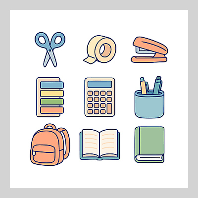 학생 디자인 컬러 백그라운드 가방 일러스트 문구용품 학용품 책 학습 사무실 필기구 사무용품 계산기 도구 스테이플러 테이프 정리 국내일러스트 AI파일 잡화 교육 비즈니스 장비 오브젝트 파일형식 벡터