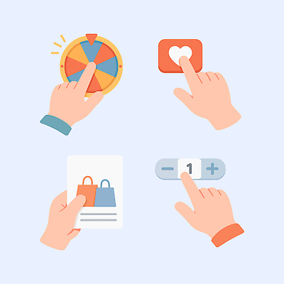 감정 컨셉 모션 놀이 신체부위 파일형식 벡터 손 게임 쇼핑 버튼 바퀴 클릭 반응 스크린 선택 그래픽 즐거움 상호작용 참여 사용자 디자인 상품 어플리케이션 전자상거래 국내일러스트 AI파일 일러스트 손짓