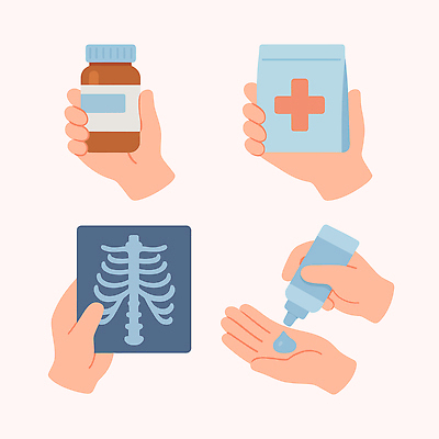 손 일러스트 의학 건강 병원 관리 손짓 치료 상자 약 진료 간호사 의사 액체 질병 검사_조사 방사선 복용 증상 처방전 국내일러스트 AI파일 모션 신체부위 의료진 파일형식 벡터