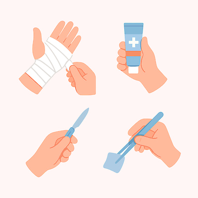 손 일러스트 의학 건강 손잡이 안전 손짓 치료 도구 칼 상처 준비 붕대 손모양 방안 응급상황 응급치료 치료제 국내일러스트 AI파일 모양 모션 신체부위 약 응급 파일형식 벡터 손_신체부위