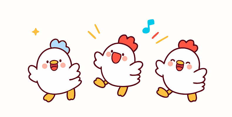 동물 캐릭터 행복 감정 컬러 일러스트 노래 모션 친구 귀여움 정원 소리 춤 닭 즐거움 닭캐릭터 장면 머리장식 국내일러스트 AI파일 음악 동물캐릭터 컨셉 관계 조류 문화예술 장식 파일형식 벡터