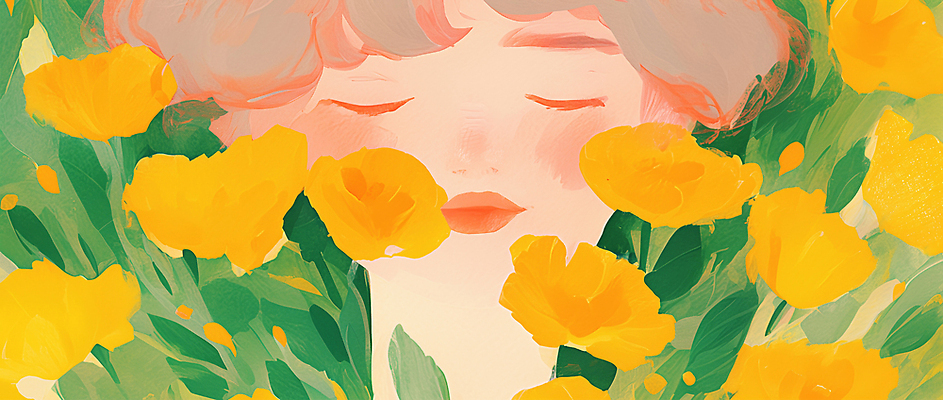 JPG 식물 꽃 얼굴 컬러 일러스트 자연 표정 미소 소녀 여름 노란색 평화 봄 분위기 그림 힐링 향기 순간 국내일러스트 AI일러스트 AI콘텐츠 계절 여자 어린이 컨셉 신체부위 생태계 냄새 파일형식