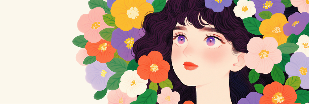 JPG 디자인 여자 꽃 감정 얼굴 예술 컬러 일러스트 자연 생명 미소 봄 표현 그림 캔버스 조화 뷰티풀 상상력 창의력 국내일러스트 AI일러스트 AI콘텐츠 식물 계절 표정 사람 신체부위 생태계 파일형식