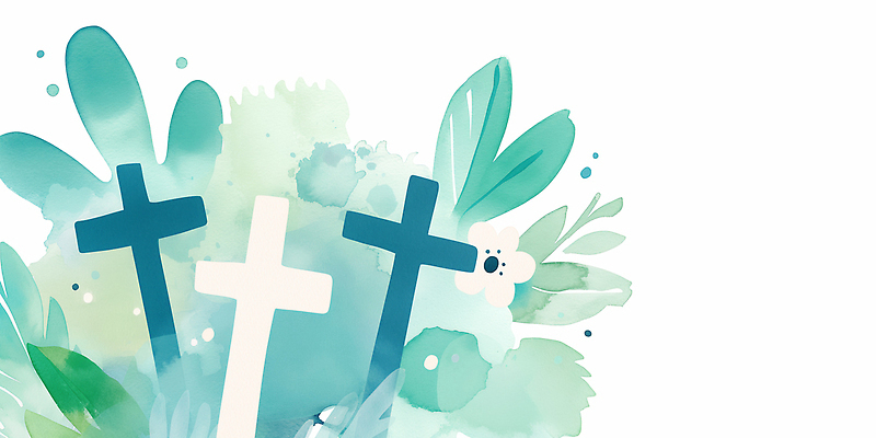 JPG 디자인 기독교 종교 예술 상징 컬러 백그라운드 십자가 잎 일러스트 자연 수채화 초록색 파란색 표현 묘사 그림 손그림 국내일러스트 식물 생태계 파일형식