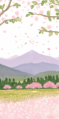 JPG 나무 계절 꽃잎 꽃 일러스트 자연 생명 날씨 산 풍경 초원 야외 봄풍경 봄 벚꽃 변화 떨어짐 보호 국내일러스트 AI일러스트 AI콘텐츠 식물 컨셉 생태계 파일형식