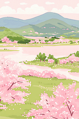 JPG 나무 꽃 분홍색 여행 일러스트 자연 하늘 산 풍경 초원 야외 물 강 봄풍경 봄 벚꽃 시골 만개 평야 국내일러스트 AI일러스트 AI콘텐츠 자연요소 식물 계절 컬러 생태계 파일형식