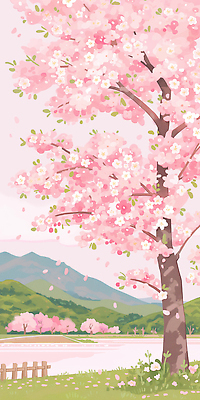 JPG 나무 계절 꽃잎 꽃 컬러 꽃밭 일러스트 자연 하늘 날씨 산 풍경 파란색 봄풍경 봄 벚꽃 지형 만개 경관 국내일러스트 AI일러스트 AI콘텐츠 식물 생태계 파일형식