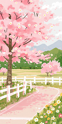JPG 나무 공원 꽃 길 일러스트 자연 하늘 산 풍경 잔디 소풍 봄풍경 봄 산책 산책로 벚꽃 조경 주말 꽃길 국내일러스트 AI일러스트 AI콘텐츠 식물 계절 공공시설 휴식 야외활동 생태계 파일형식