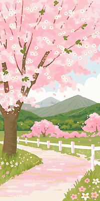 JPG 나무 계절 꽃 길 여행 일러스트 자연 하늘 바람 산 풍경 초원 소풍 봄풍경 봄 벚꽃 만개 국내일러스트 AI일러스트 AI콘텐츠 자연요소 식물 날씨 야외활동 생태계 파일형식