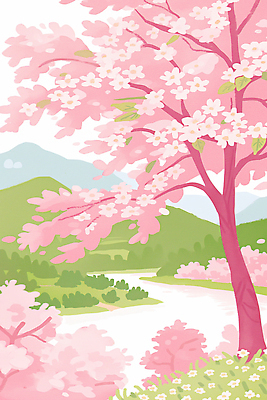 JPG 나무 꽃 컬러 일러스트 자연 하늘 산 풍경 파란색 강 소풍 봄풍경 봄 벚꽃 개화 강가 지나가기 국내일러스트 AI일러스트 AI콘텐츠 식물 계절 모션 야외활동 생태계 파일형식