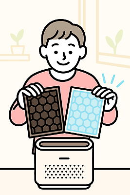 일러스트 모션 주택 실내 건강 사람 생활 파란색 갈색 환경 기계 봄 작업 분위기 청소 먼지 꺼내기 공기청정기 필터 황사 거주 미세먼지 국내일러스트 AI파일 계절 컬러 컨셉 내부 건물 가전제품 파일형식 벡터