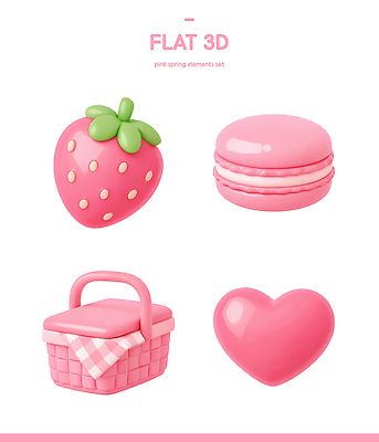 PSD 편집이미지 디자인 분홍색 과일 딸기 장식 세트 3D 바구니 봄 하트 오브젝트 마카롱 디테일 편집3D 모양 계절 컬러 디저트 디지털합성 파일형식