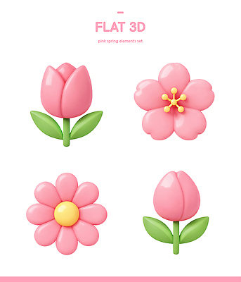 모양 PSD 식물 편집이미지 디자인 꽃 분홍색 컬러 자연 장식 세트 봄 튤립 벚꽃 데이지 아이템 편집3D 계절 3D 생태계 파일형식