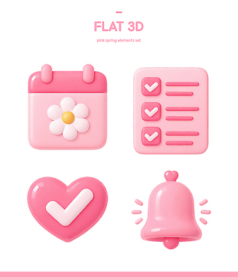 모양 PSD 편집이미지 디자인 분홍색 컬러 그래픽 세트 3D 봄 달력 초인종 하트 체크리스트 편집3D 계절 종 디지털합성 파일형식