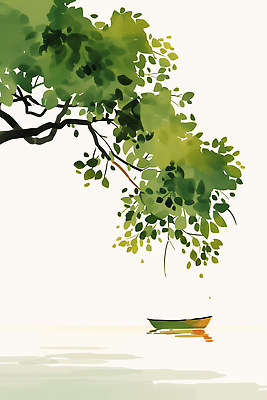 JPG 나무 여유 예술 일러스트 자연 나뭇잎 풍경 물 평화 봄 수면 그늘 그림 조용 뗏목 싱그러움 차분 국내일러스트 AI일러스트 AI콘텐츠 자연요소 식물 계절 감정 교통수단 컨셉 잎 배_교통 생태계 파일형식