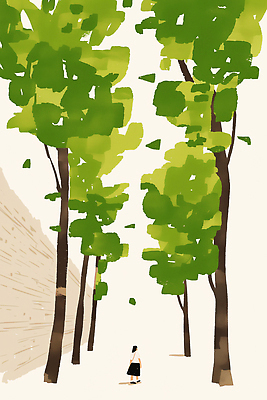 JPG 나무 길 잎 일러스트 자연 바람 나뭇잎 거리 사람 풍경 일상 초록색 여름 걷기 소리 봄 산책 공간 숲 묘사 가벼움 국내일러스트 AI일러스트 AI콘텐츠 자연요소 식물 계절 컬러 모션 날씨 휴식 라이프 무게 생태계 파일형식