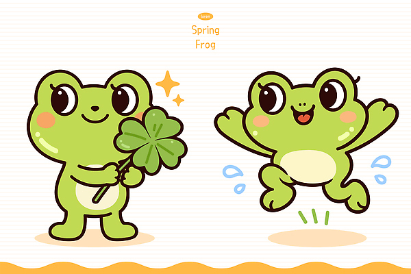 캐릭터 상징 일러스트 자연 놀이 생명 나뭇잎 개구리 웃음 초록색 친구 달리기 귀여움 봄 활발 기쁨 표현 네잎클로버 즐거움 일러캐릭터 AI파일 식물 계절 감정 컬러 컨셉 잎 관계 모션 표정 양서류 클로버 생태계 파일형식 벡터