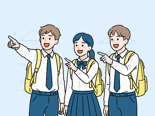 학생 교육 교복 어린이 백그라운드 일러스트 학교 모션 청소년 하늘 함께함 대화 친구 학습 가리킴 즐거움 신학기 점심 소통 놀기 동아리 국내일러스트 AI파일 옷 감정 컨셉 관계 말하기 사람 손짓 파일형식 벡터