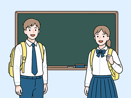 학생 커플 여학생 교육 교복 남학생 일러스트 교실 학교 중학생 청소년 수업 책가방 웃음 친구 학습 교사 칠판 쌍 그룹 신학기 등교 국내일러스트 AI파일 직업 옷 여자 남자 가방 관계 표정 사람 등하교 파일형식 벡터