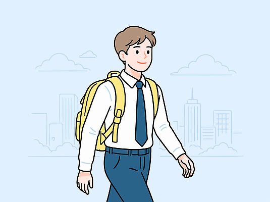 학생 남자 교복 백그라운드 이동 일러스트 배낭 학교 모션 하늘 거리 표정 미소 사람 풍경 정장 건물 일상 걷기 도시 직장인 신학기 백팩 국내일러스트 AI파일 직업 건축물 옷 교육 컨셉 가방 라이프 파일형식 벡터