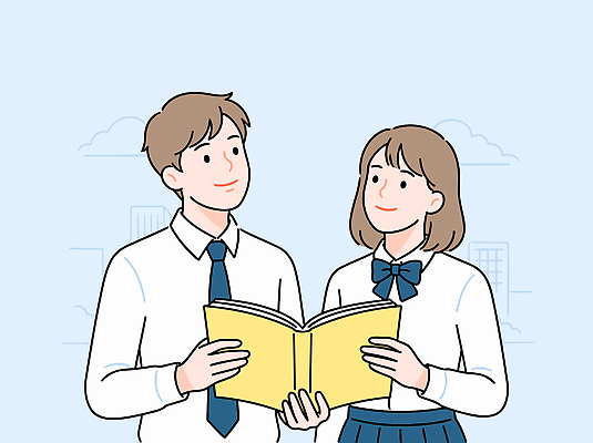 학생 여학생 교육 교복 남학생 생각 일러스트 학교 함께함 대화 풍경 책 친구 학습 만남 교양 정보 도시 읽기 신학기 소통 국내일러스트 AI파일 옷 여자 남자 컨셉 관계 모션 말하기 파일형식 벡터