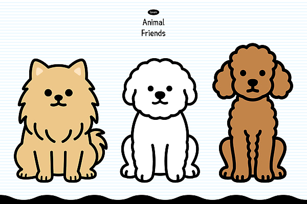 동물 캐릭터 시선 백그라운드 일러스트 털 앉기 상반신 친구 반려동물 갈색 귀여움 금색 흰색 강아지 푸들 나란히 비숑프리제 국내일러스트 AI파일 컬러 컨셉 관계 모션 개 파일형식 벡터