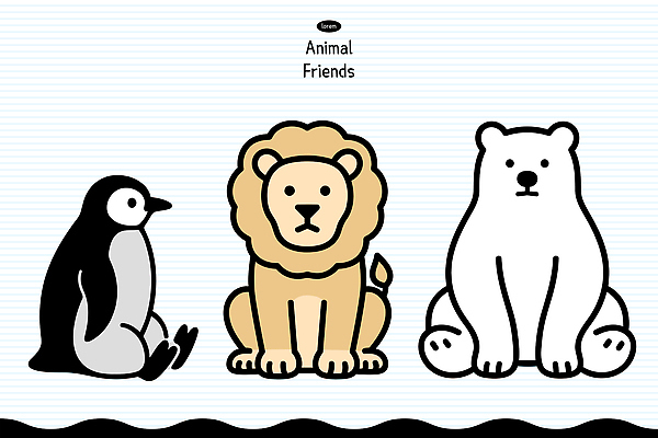 동물 캐릭터 디자인 컬러 백그라운드 일러스트 앉기 친구 흰색 사자 그림 펭귄 북극곰 나란히 국내일러스트 AI파일 곰 포유류 관계 모션 조류 파일형식 벡터