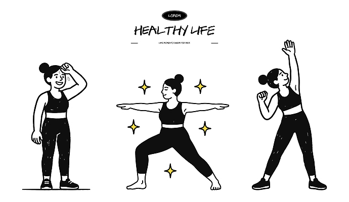 여자 남자 여유 포즈 신체 일러스트 모션 근육 실내 건강 운동복 운동 헬스 스트레칭 힘 균형 땀 일과 국내일러스트 AI파일 옷 감정 사람 내부 파일형식 벡터