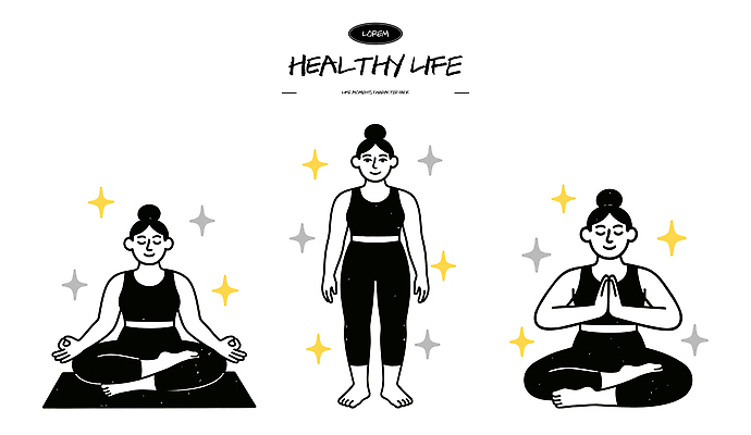 라이프스타일 웰빙 여자 포즈 신체 일러스트 요가 건강 일상 운동 헬스 스트레칭 매트 기도 마음 집중 명상 일렬 자세교정 국내일러스트 AI파일 컨셉 사람 라이프 생활 연습 파일형식 벡터