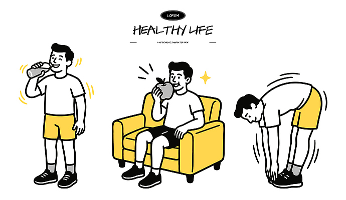 남자 감정 신체 일러스트 모션 건강 일상 물 소파 운동 식사 스트레칭 목표 사과 편안함 즐거움 땀 일과 습관 국내일러스트 AI파일 자연요소 컨셉 의자 과일 사람 라이프 감각 파일형식 벡터