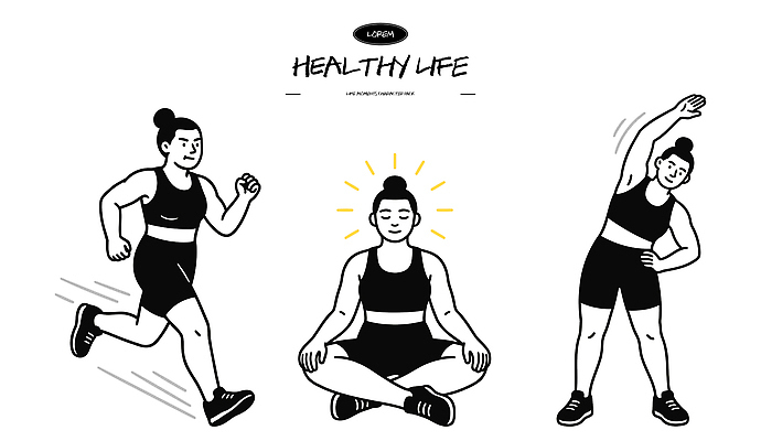 라이프스타일 여자 신체 일러스트 모션 건강 생활 운동복 달리기 운동 평화 스트레칭 힘 에너지 마음 명상 스트레스해소 국내일러스트 AI파일 옷 컨셉 사람 파일형식 벡터