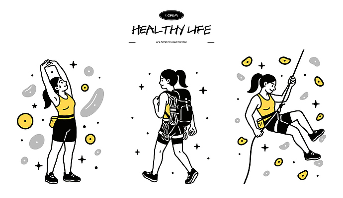 라이프스타일 웰빙 여자 일러스트 배낭 모션 건강 운동 야외활동 걷기 헬스 스트레칭 힘 에너지 체육 암벽등반 등반장비 클라이밍 국내일러스트 AI파일 가방 사람 생활 등산 등반 등산용품 파일형식 벡터