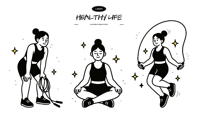 라이프스타일 웰빙 여자 스포츠 다이어트 일러스트 모션 건강 일상 운동복 운동 운동기구 헬스 스트레칭 힘 명상 줄넘기 스트레스해소 피로회복 국내일러스트 AI파일 옷 사람 라이프 생활 회복 파일형식 벡터