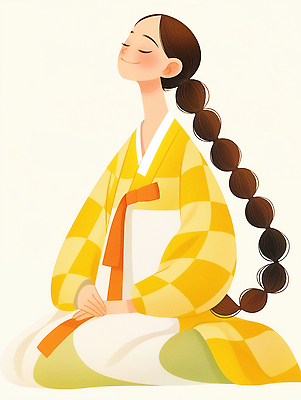 JPG 전통 긴머리 헤어스타일 손 옷 여자 패션 전통문화 포즈 일러스트 한국 표정 소녀 노란색 고요 전통의상 한복 체크무늬 무릎 댕기머리 뷰티풀 국내일러스트 AI일러스트 AI콘텐츠 한국전통 아시아 문화 어린이 컬러 무늬 사람 신체부위 파일형식