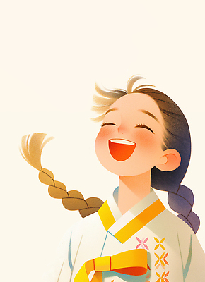 JPG 캐릭터 여자 행복 감정 아시아 문화 얼굴 어린이 일러스트 한국 땋은머리 미소 웃음 소녀 머리 전통의상 한복 즐거움 그림 댕기머리 국내일러스트 AI일러스트 AI콘텐츠 한국전통 전통 헤어스타일 나라 표정 사람 신체부위 파일형식
