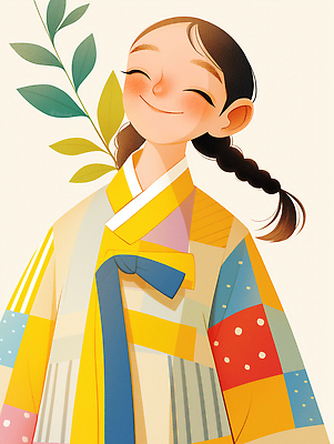 JPG 캐릭터 전통 디자인 옷 문화 어린이 예술 컬러 일러스트 나뭇잎 한국 미소 웃음 사람 소녀 표현 한복 즐거움 그림 긍정 댕기머리 국내일러스트 AI일러스트 AI콘텐츠 한국전통 헤어스타일 여자 감정 아시아 컨셉 잎 표정 전통의상 파일형식