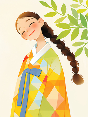 JPG 한국문화 전통 디자인 옷 어린이 예술 상징 컬러 백그라운드 패턴 일러스트 나뭇잎 표정 밝음 미소 웃음 소녀 머리 한복 댕기머리 외모 국내일러스트 AI일러스트 AI콘텐츠 동양문화 한국전통 헤어스타일 여자 잎 무늬 한국 사람 신체부위 전통의상 파일형식