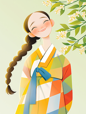 JPG 한국문화 전통 긴머리 옷 여자 꽃 행복 전통문화 컬러 백그라운드 일러스트 자연 한국 땋은머리 미소 소녀 나뭇가지 전통의상 한복 댕기머리 뷰티풀 국내일러스트 AI일러스트 AI콘텐츠 나무 식물 동양문화 한국전통 헤어스타일 감정 아시아 문화 어린이 표정 사람 생태계 파일형식