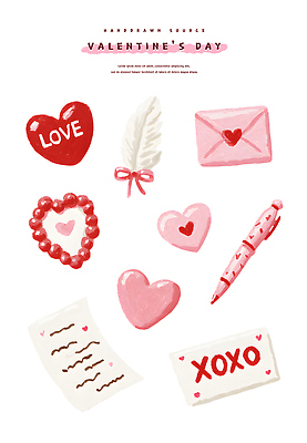 PSD 기념일 상징 분홍색 일러스트 포장 발렌타인데이 선물 사랑 장식 세트 하트 기록 색칠 메시지 머리핀 편지 오브젝트 기념품 팬시 엘리먼트 핸드메이드 국내일러스트 모양 감정 컬러 장신구 데이이벤트 이벤트 파일형식